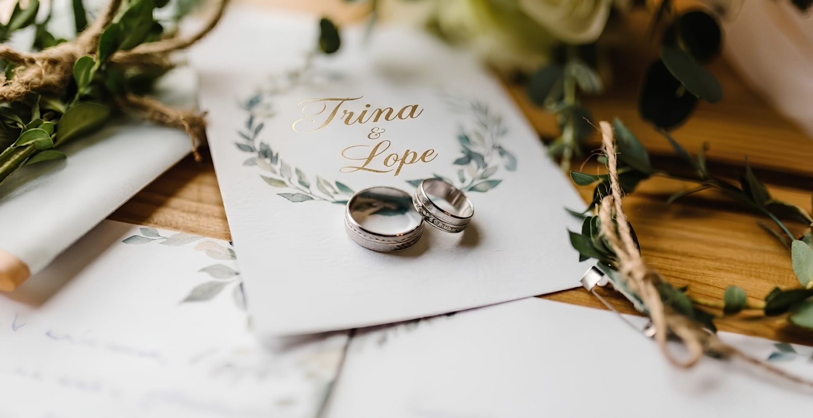 Two wedding rings resting on a card lettered Trina and Lope in gold script, surrounded by eucalyptus and white roses.