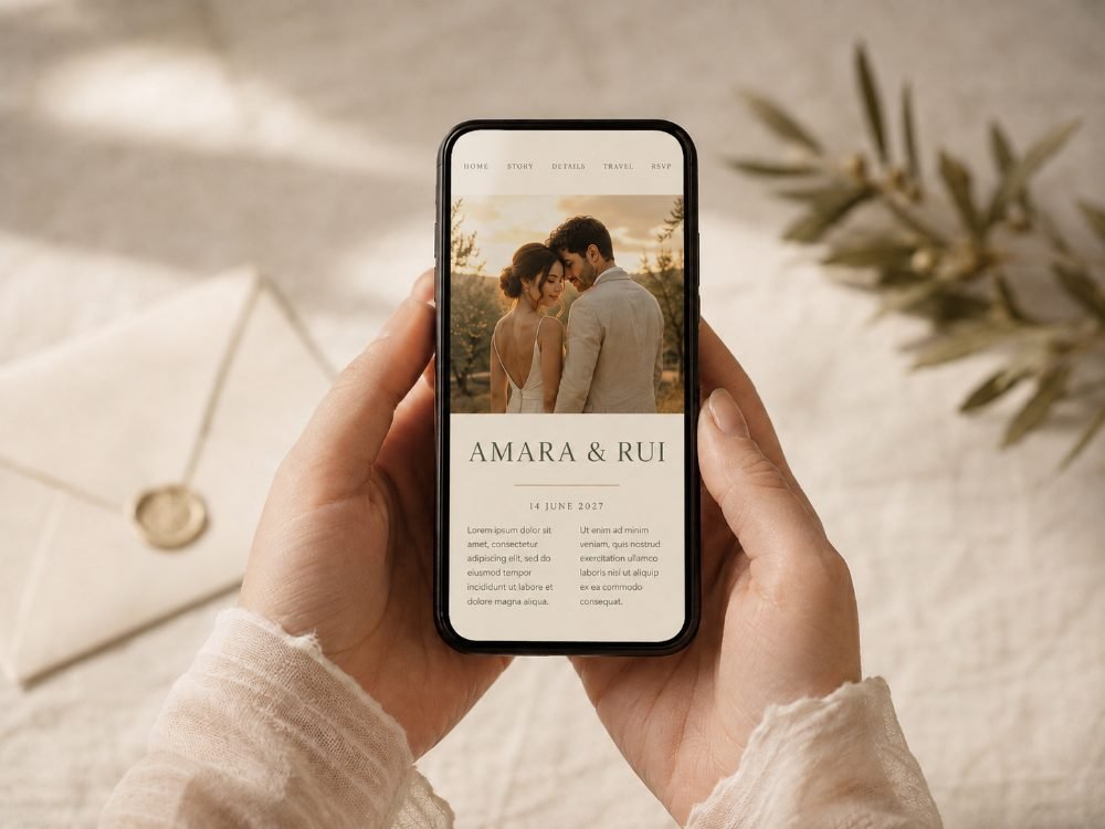 Two hands hold a phone showing a wedding website, above a linen table with a cream envelope and an olive branch