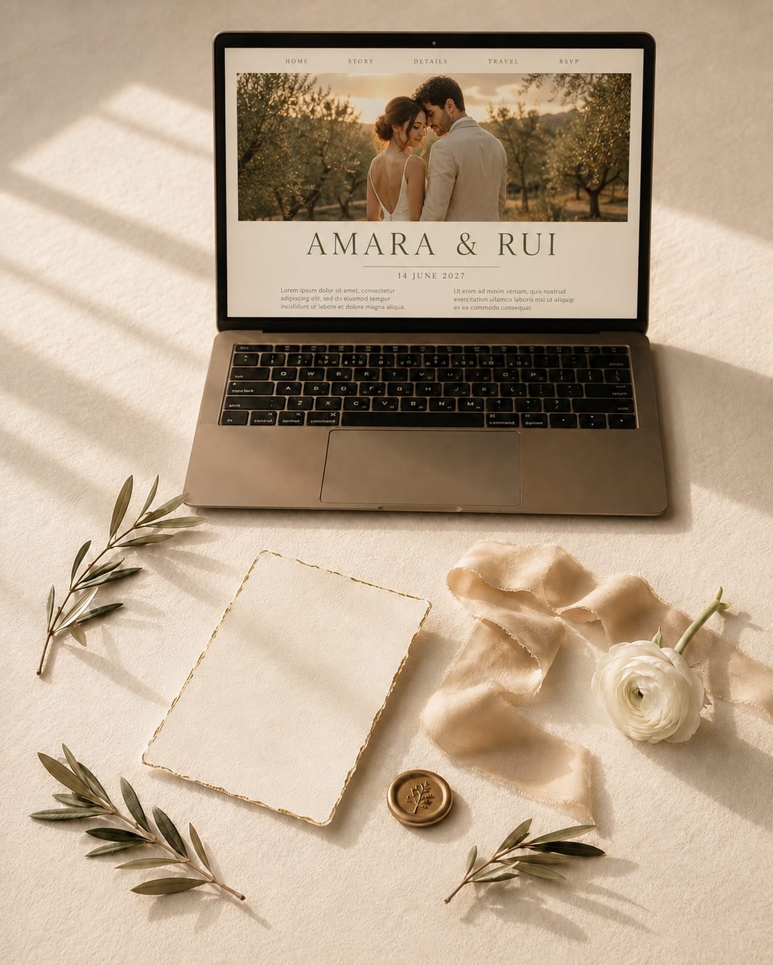 A wedding website open on a laptop, beside a deckle edge invitation card, a gold wax seal and olive sprigs