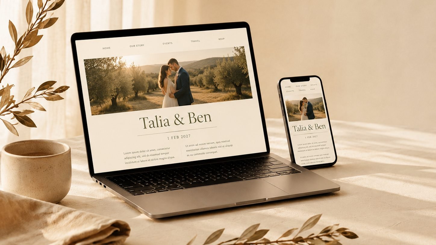 A wedding website homepage shown across desktop and mobile