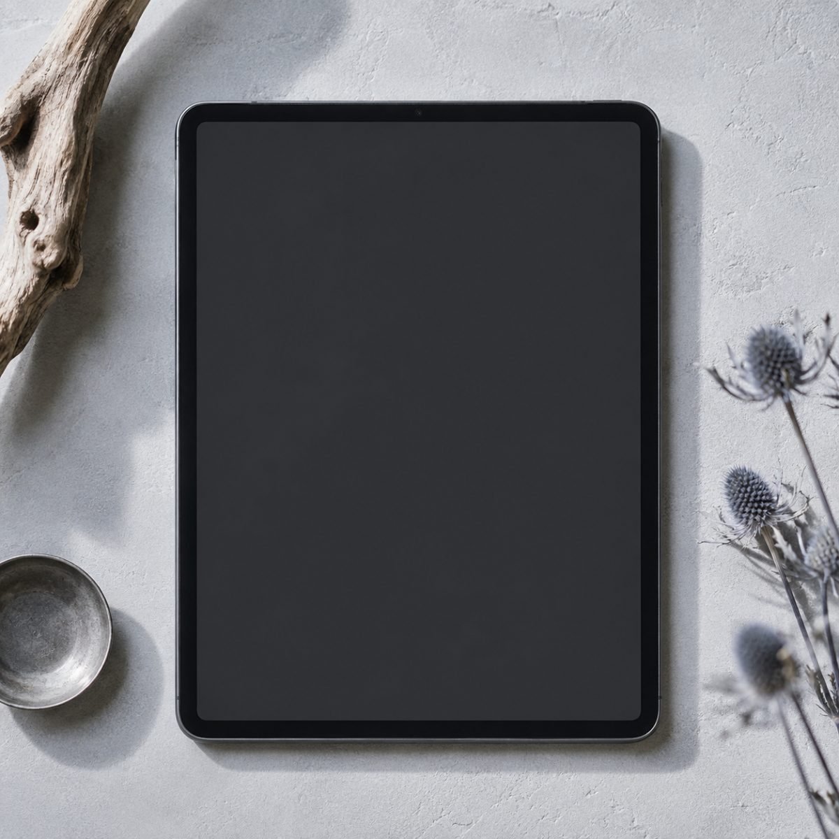 A tablet showing a wedding travel page, on pale stone with driftwood, a pewter dish and dried sea holly