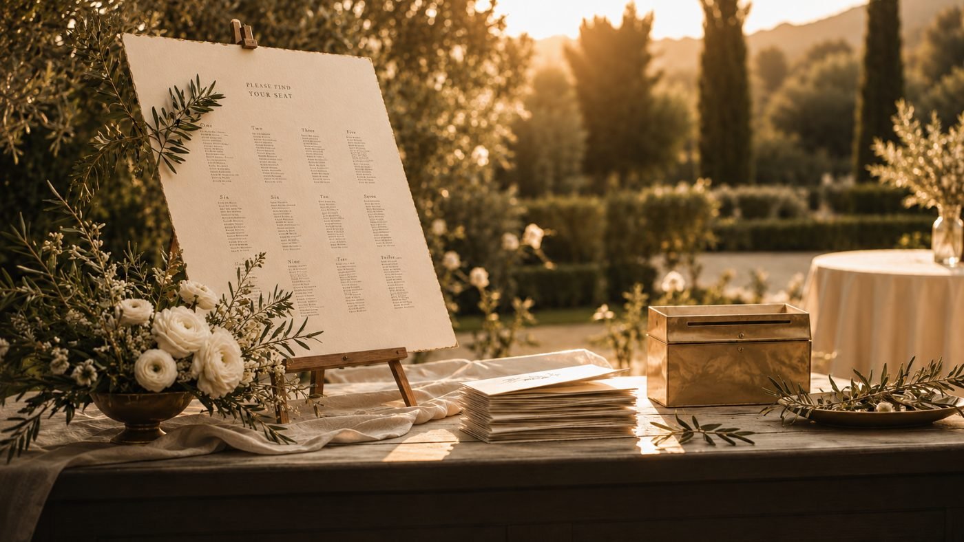 A garden welcome table at golden hour with a seating chart, white flowers and a brass card box