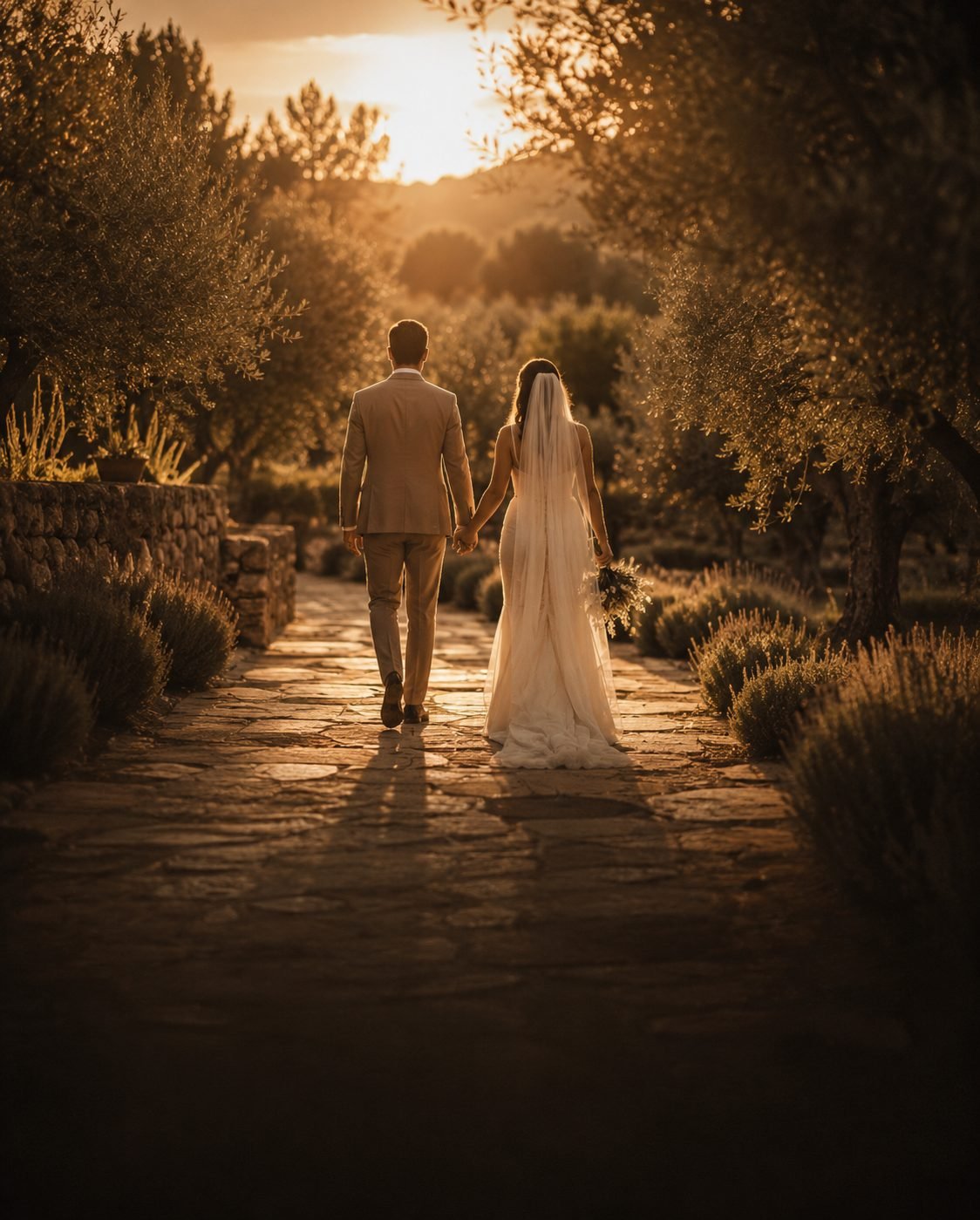 A couple walk away down a stone path lined with olive trees at sunset