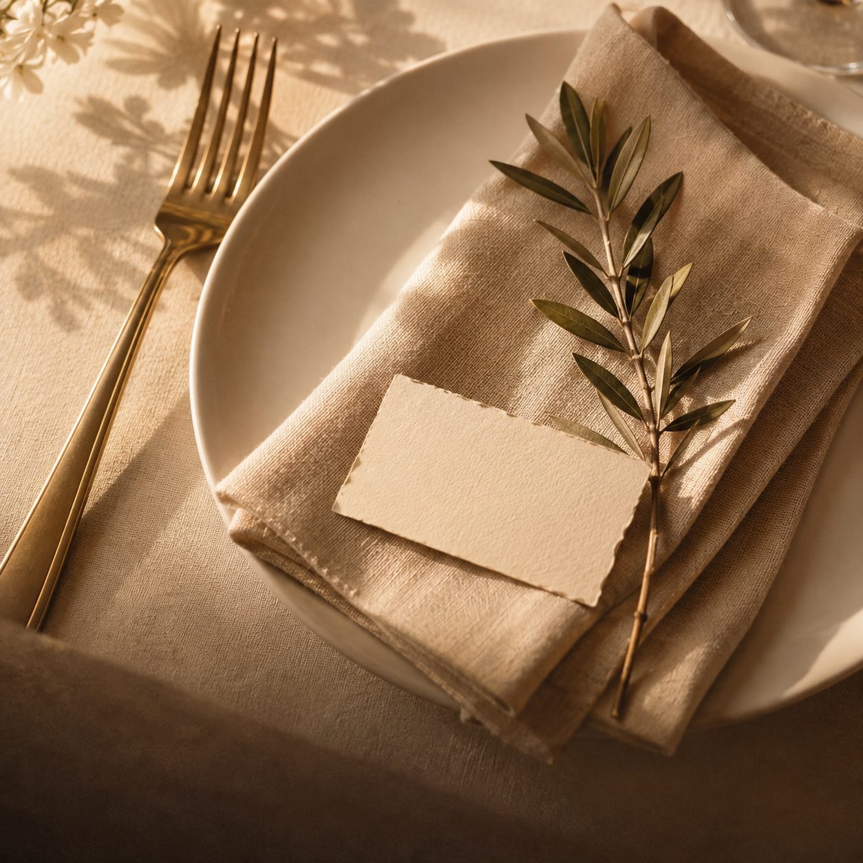 A wedding place setting with a linen napkin, an olive sprig and a blank name card
