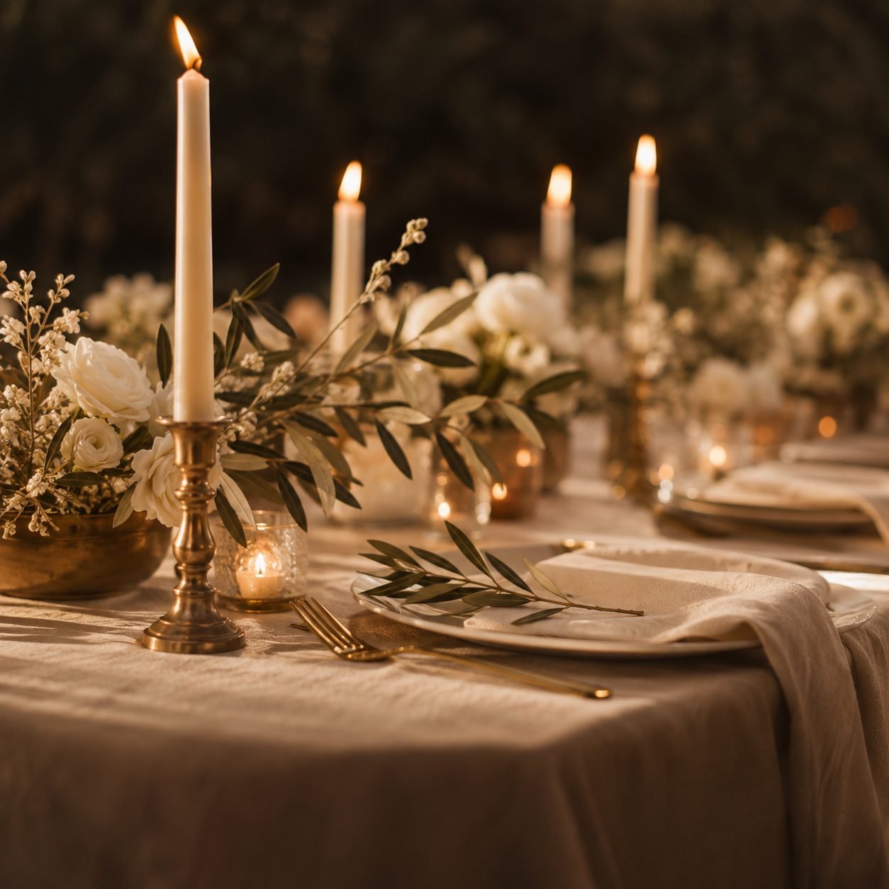 A candlelit wedding table at dusk with white flowers and gold flatware